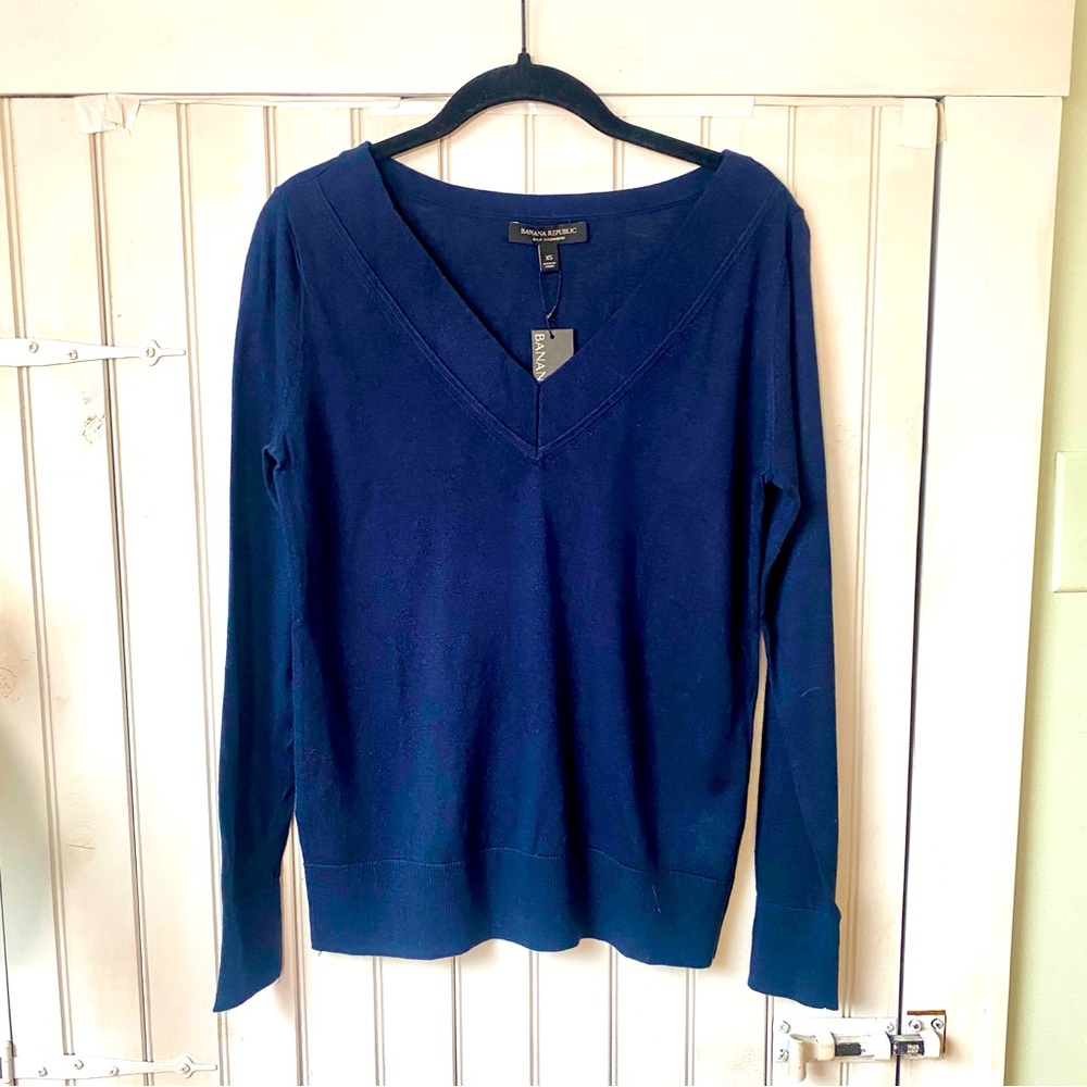 NWT BANANA REPUBLIC SILK CASHMERE VARSITY V-NECK SWEATER NAVY BLUE XS